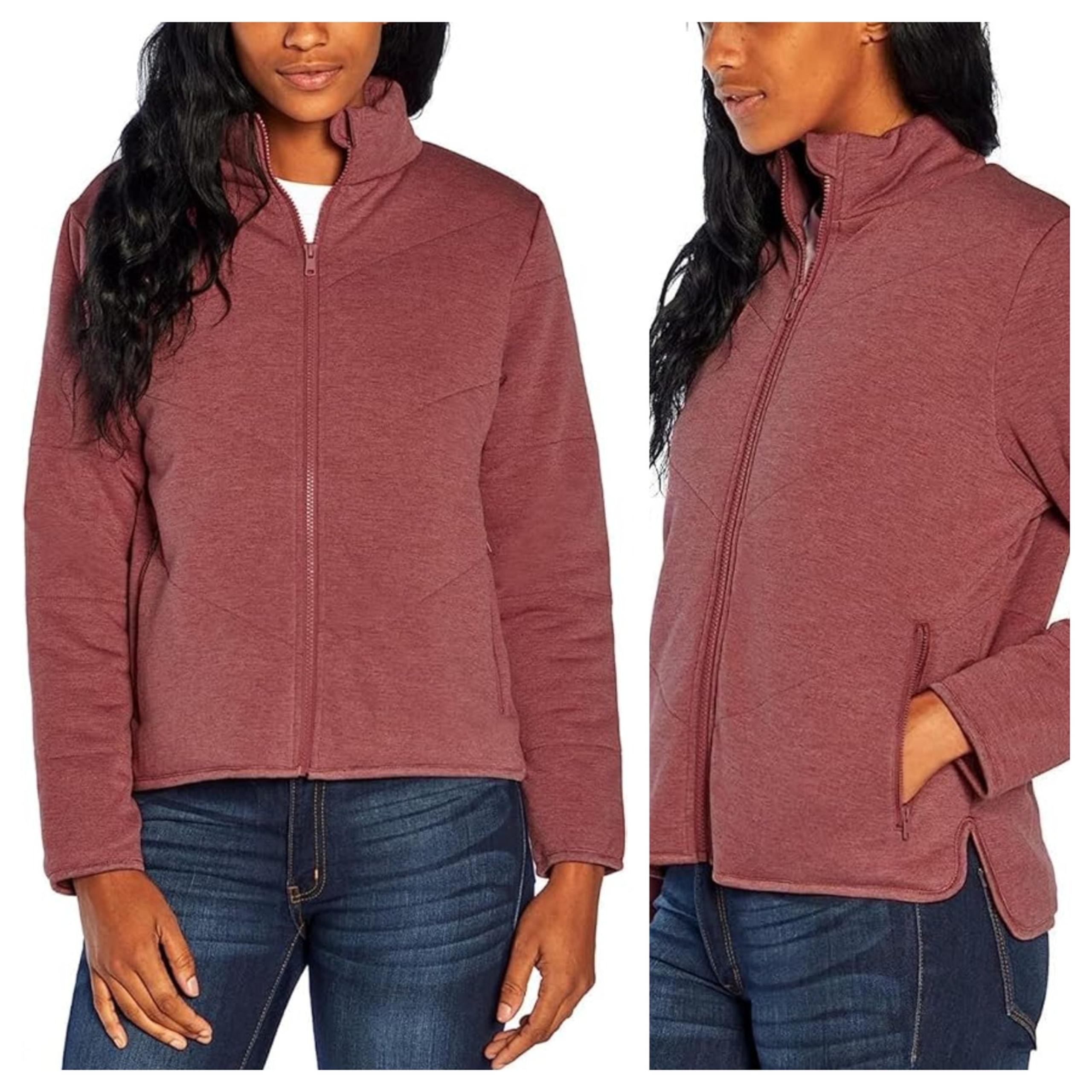 Three Dots Size Medium M Red Quilted Knit Fleece Mock Neck Full Zip Jacket