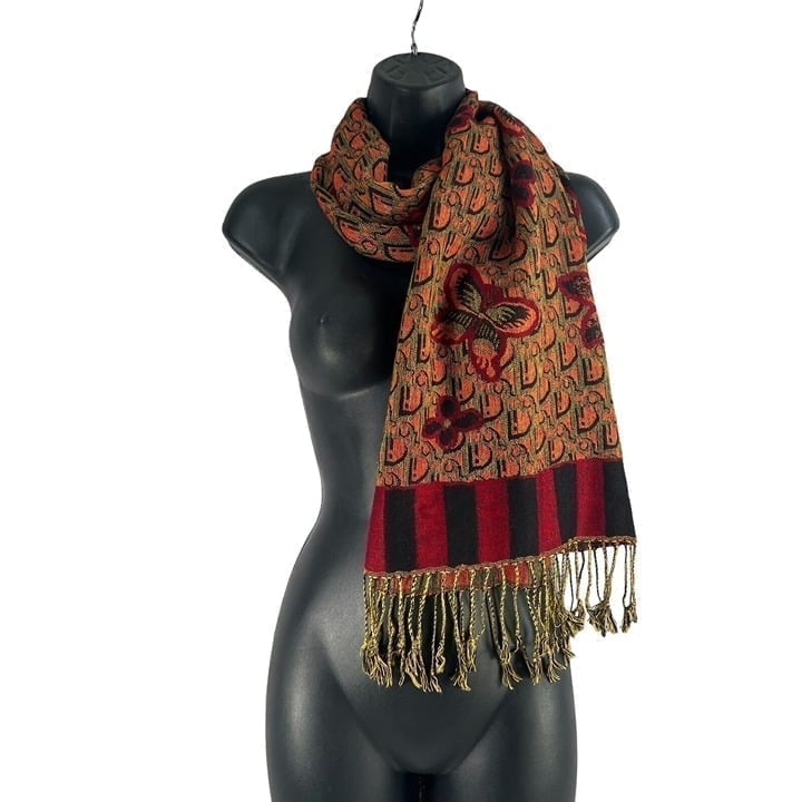 Pashmina silk/cashmere butterfly flower logo print scarf shawl red 70x 26 in