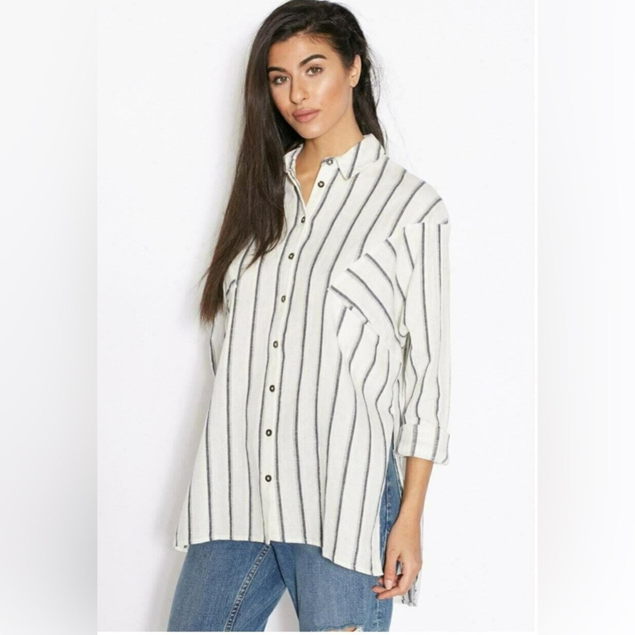 Topshop White Blue Striped Oversized Button Down Top Women's Size US 10
