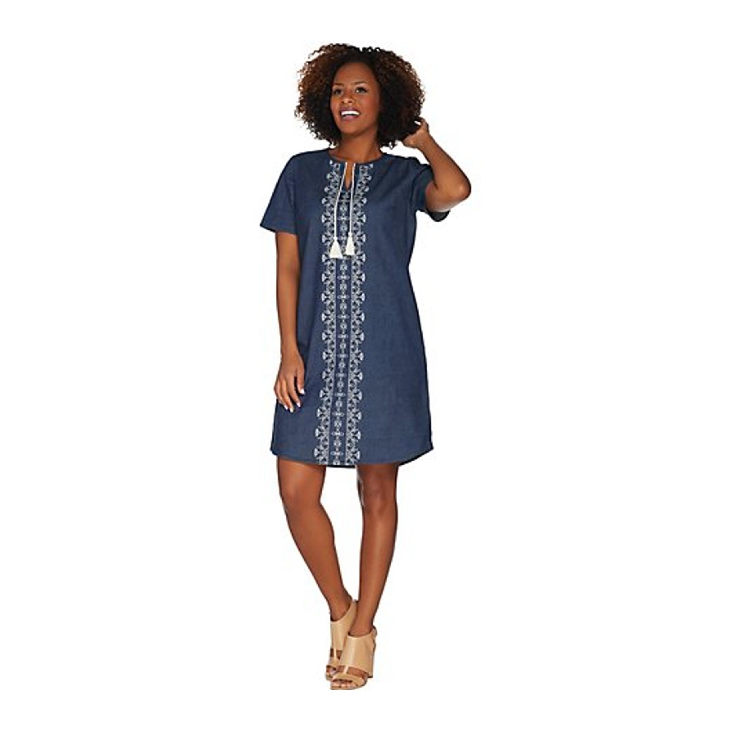 Denim & Co Chambray Dress XXS Indigo Blue Embroidered Stretch V-Neck NWOT