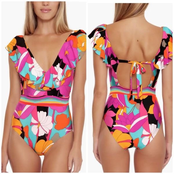 Trina Turk Gemini Ruffle One Piece Swimsuit Bow Back size 10 Multi Color