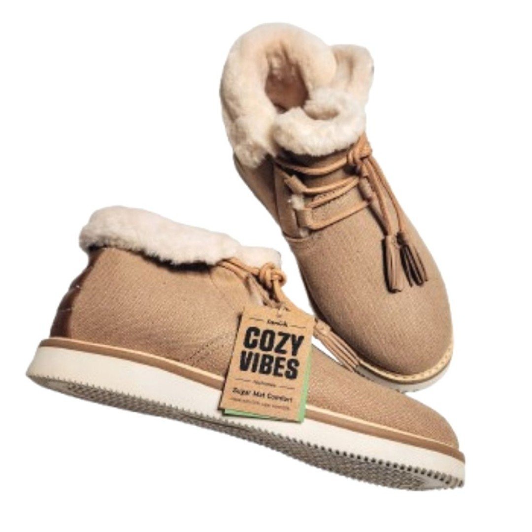 Sanuk NEW Mid Sherling Canvas Leather Lace-Up Winter Snow Boots Tan 10