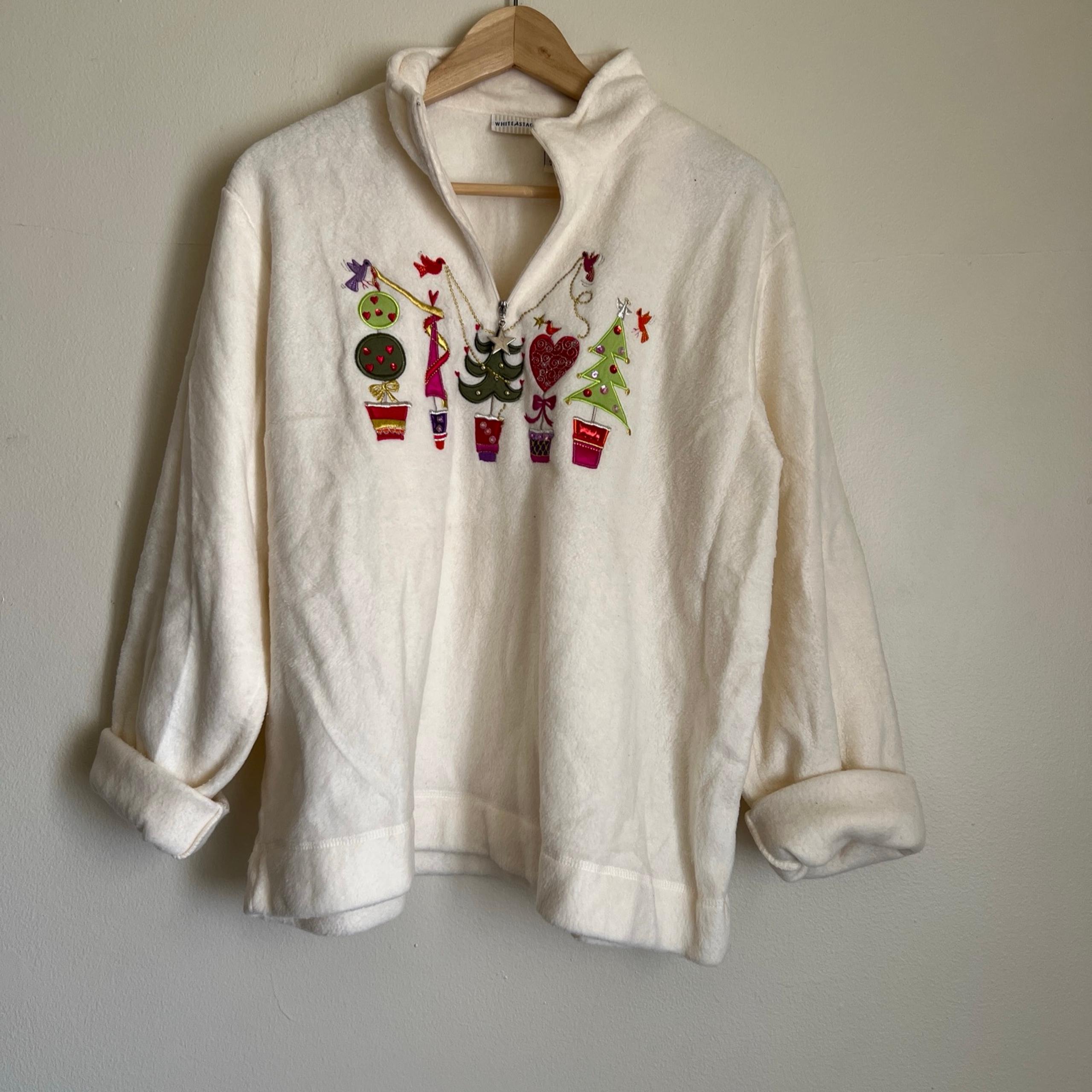 White Stag White Holiday Christmas Tree quarter zip mock neck fleece sweater XL