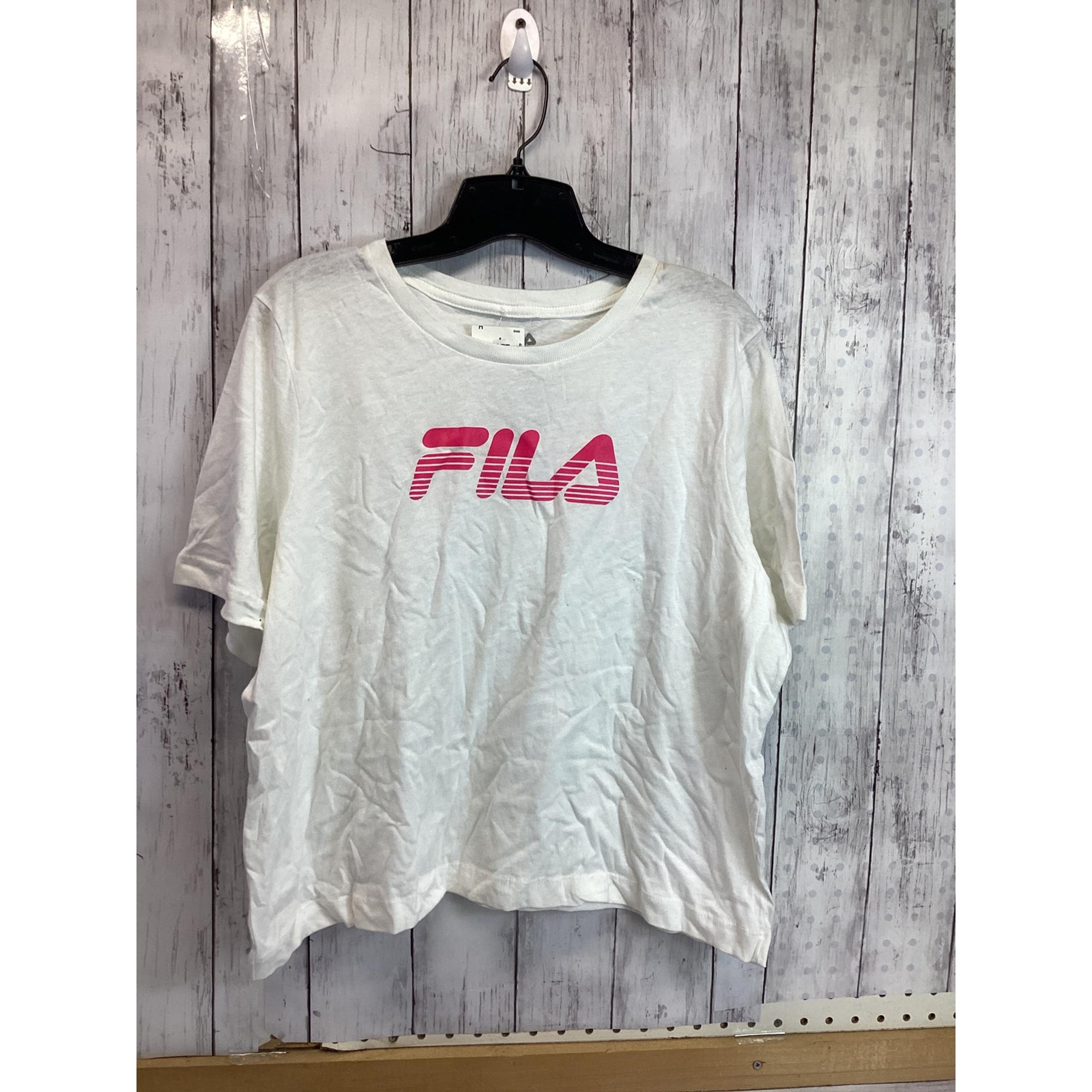FILA Women White Pink Blue Logo Graphic T-Shirt Size Large Short Sleeve