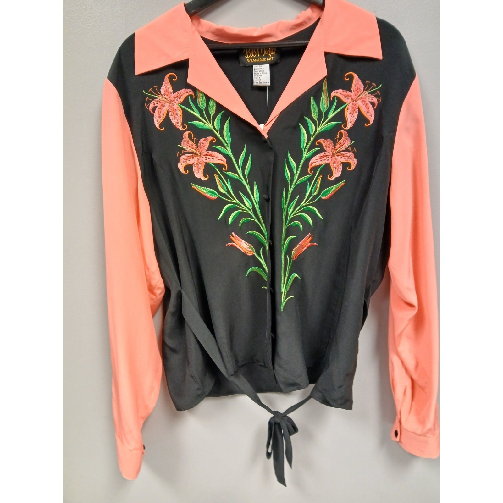 *NWT* Bob Mackie Wearable Art Black Shirt Jacket Embroidered Flowers Women's L