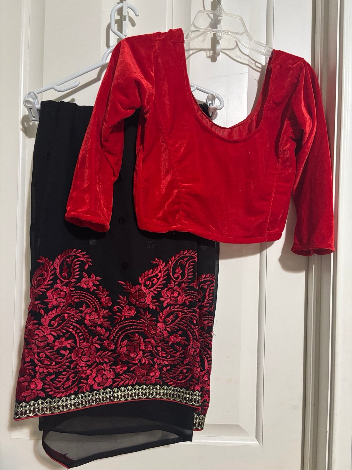 New Black chiffon Saree with Red embroidery and two matching blouses