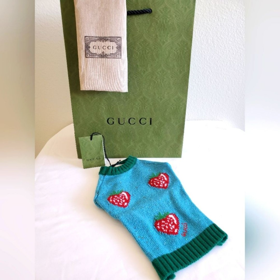 NWT Gucci Blue Green Red Strawberries Wool Knit Pet Cat Dog Sweater Size XXS