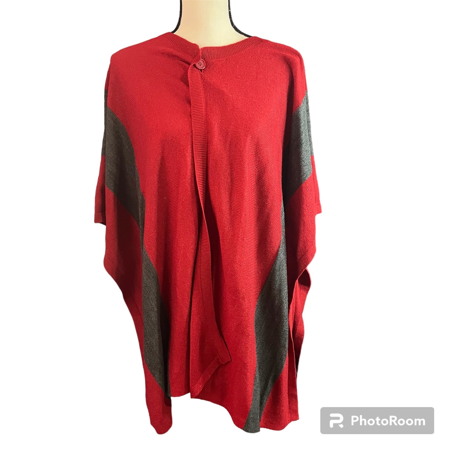 Chico's | Women's Red Gray One Button Lightweight Poncho Sz OS