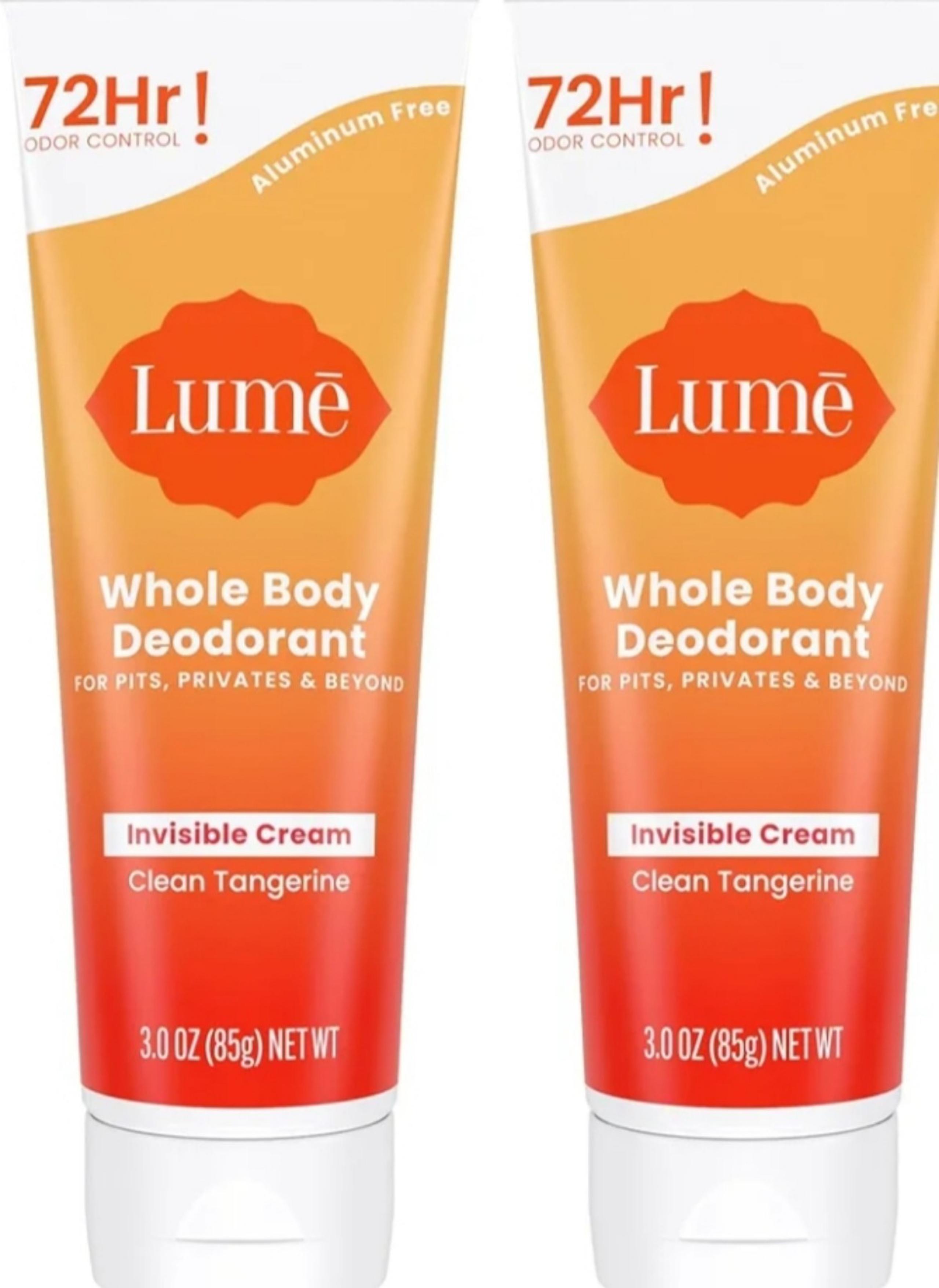 Lume Whole Body Deodorant Invisible Cream Tube 3oz (Clean Tangerine) - 2 Pac