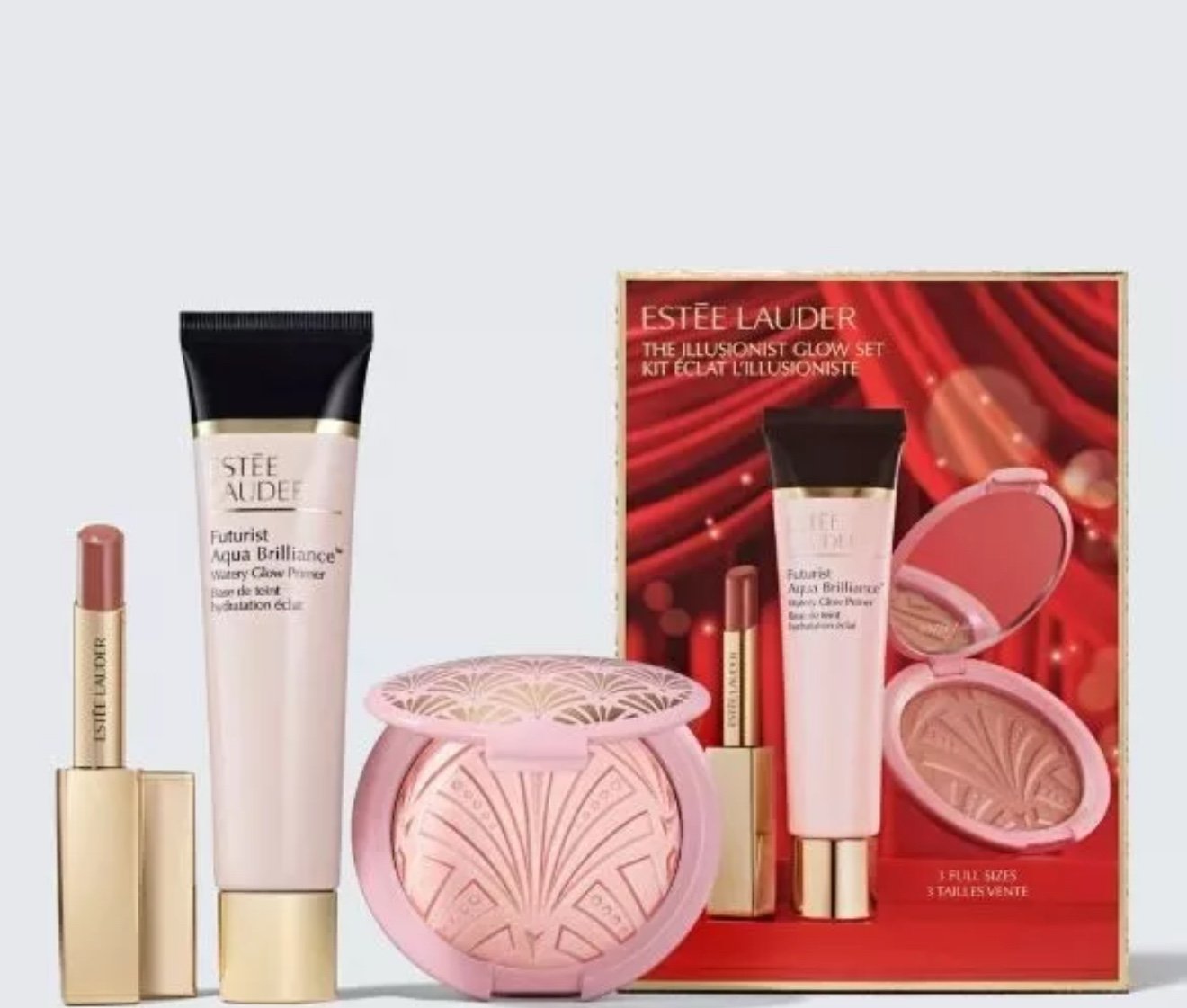 Estee Lauder The Illusionist Glow Set 3 Piece Primer Highlighter Lipstick New