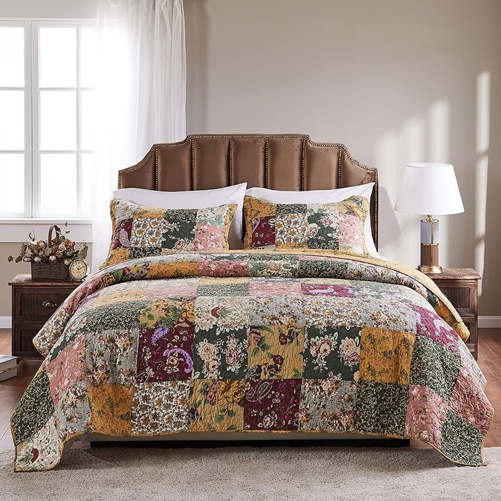 Antique Chic Authentic Patchwork Cotton Quilt Set -3-Piece Full/Queen