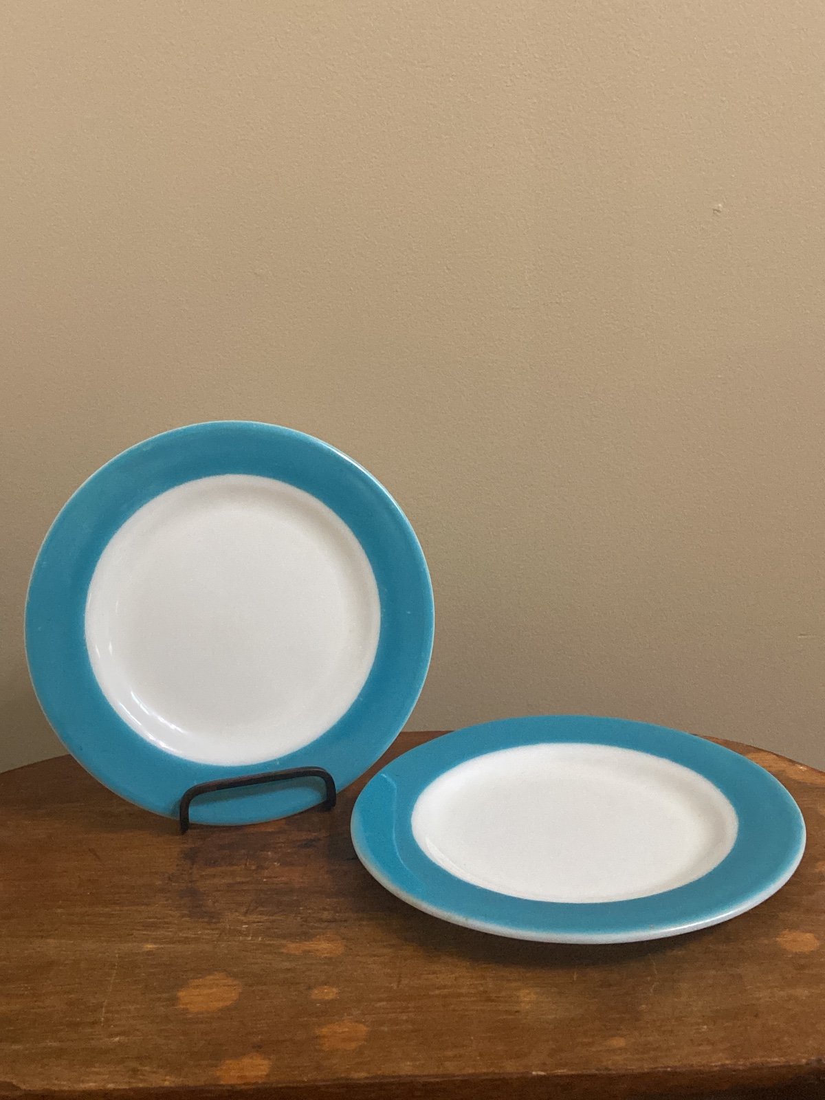 Vintage 2 Pyrex 8” White Milk Glass/Turquoise Blue Salad Plates