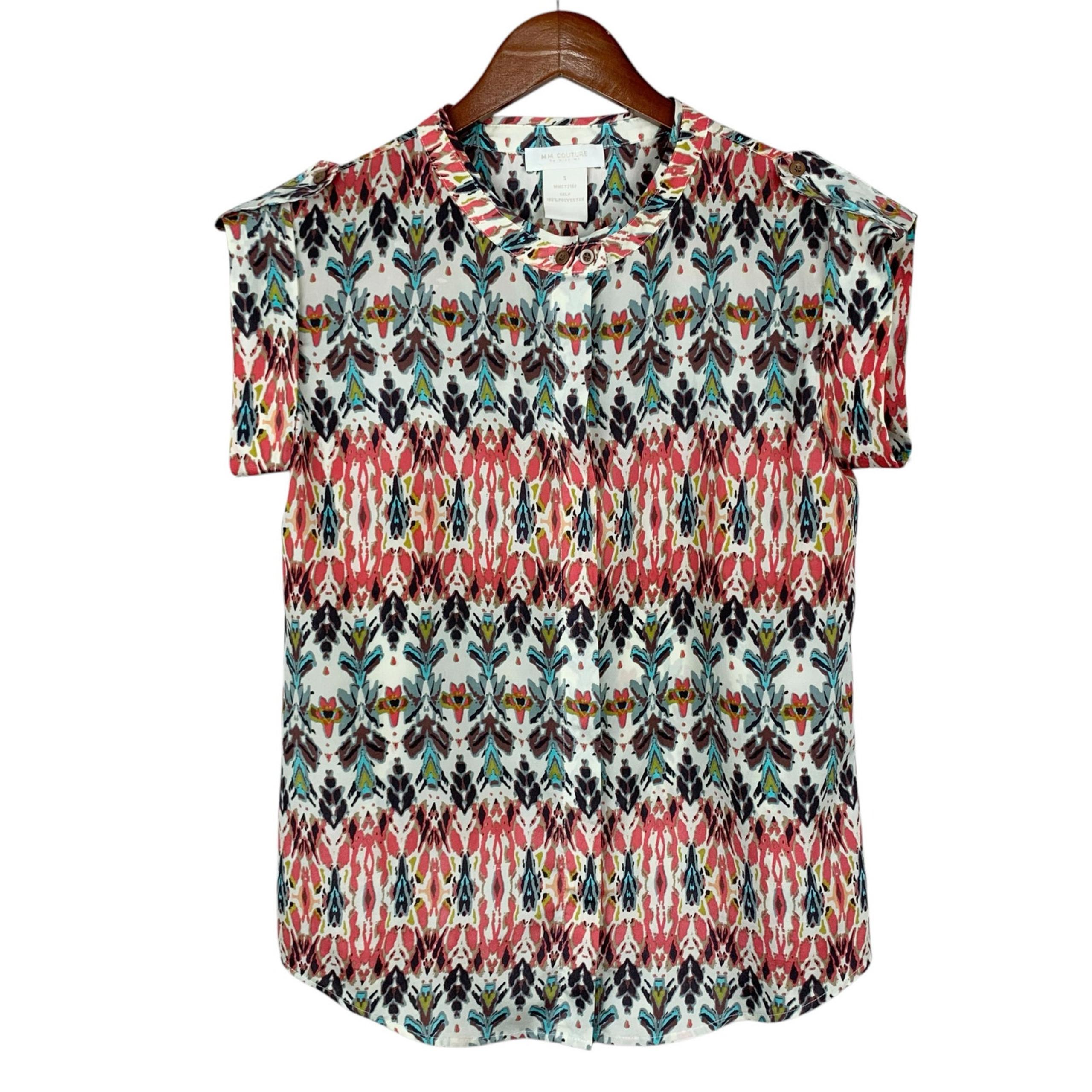 MM Couture Miss Me Blouse Colorful Oversized Button Front Short Sleeve Women's S