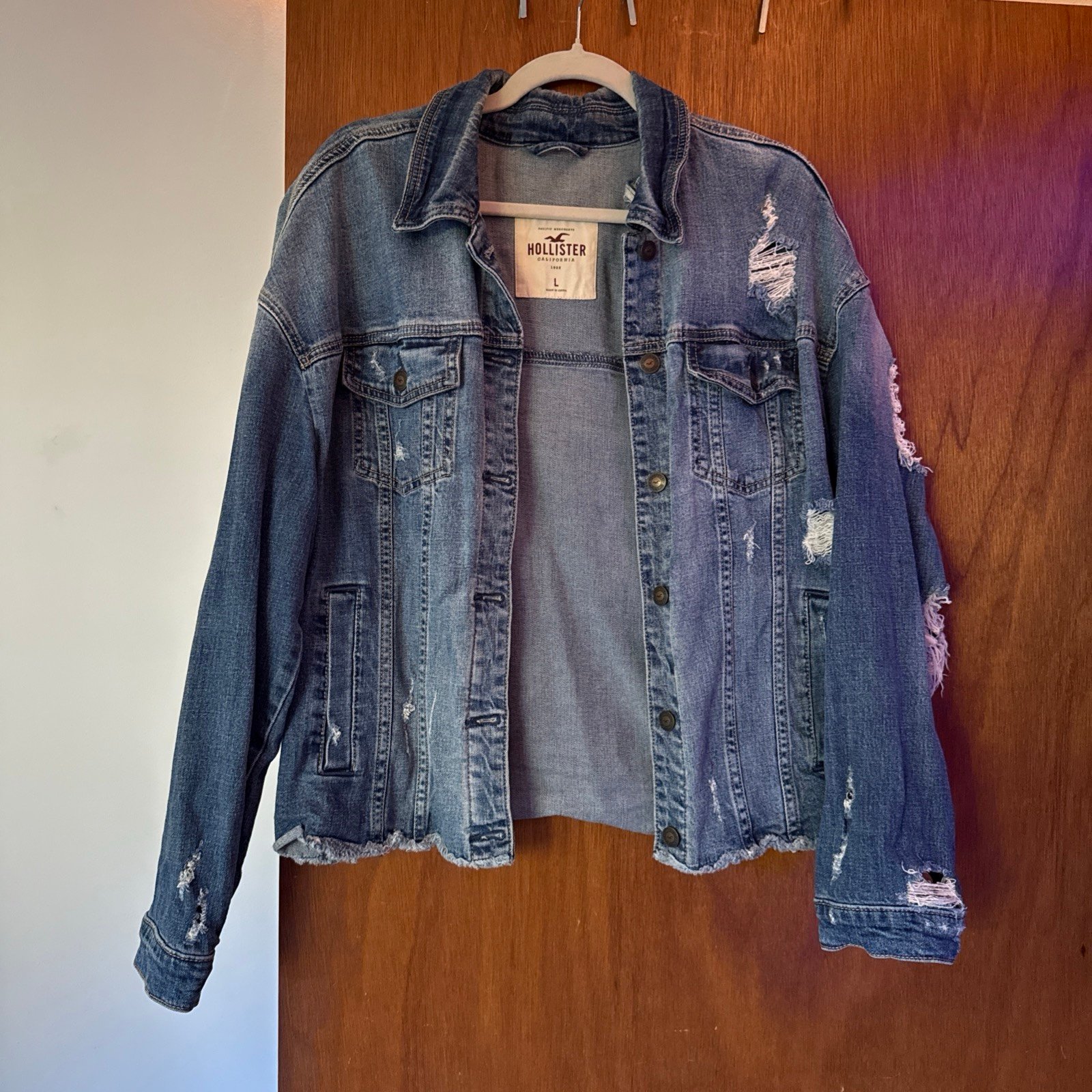 Hollister Women’s Blue Denim Jacket Size Large Stretchy Jean Jacket