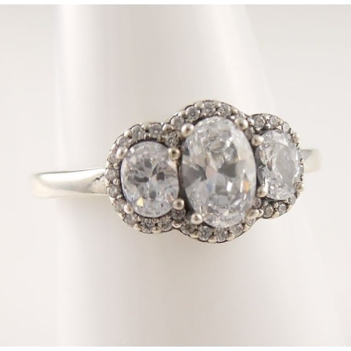 THREE STONE VINTAGE Authentic PANDORA Silver CLEAR Ring Sz 9 190049C01-60 NEW!