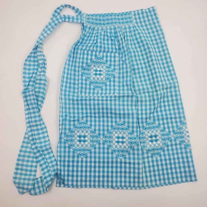 Vintage Turquoise White Check Gingham Retro MCM Half Apron Pocket Embroidered