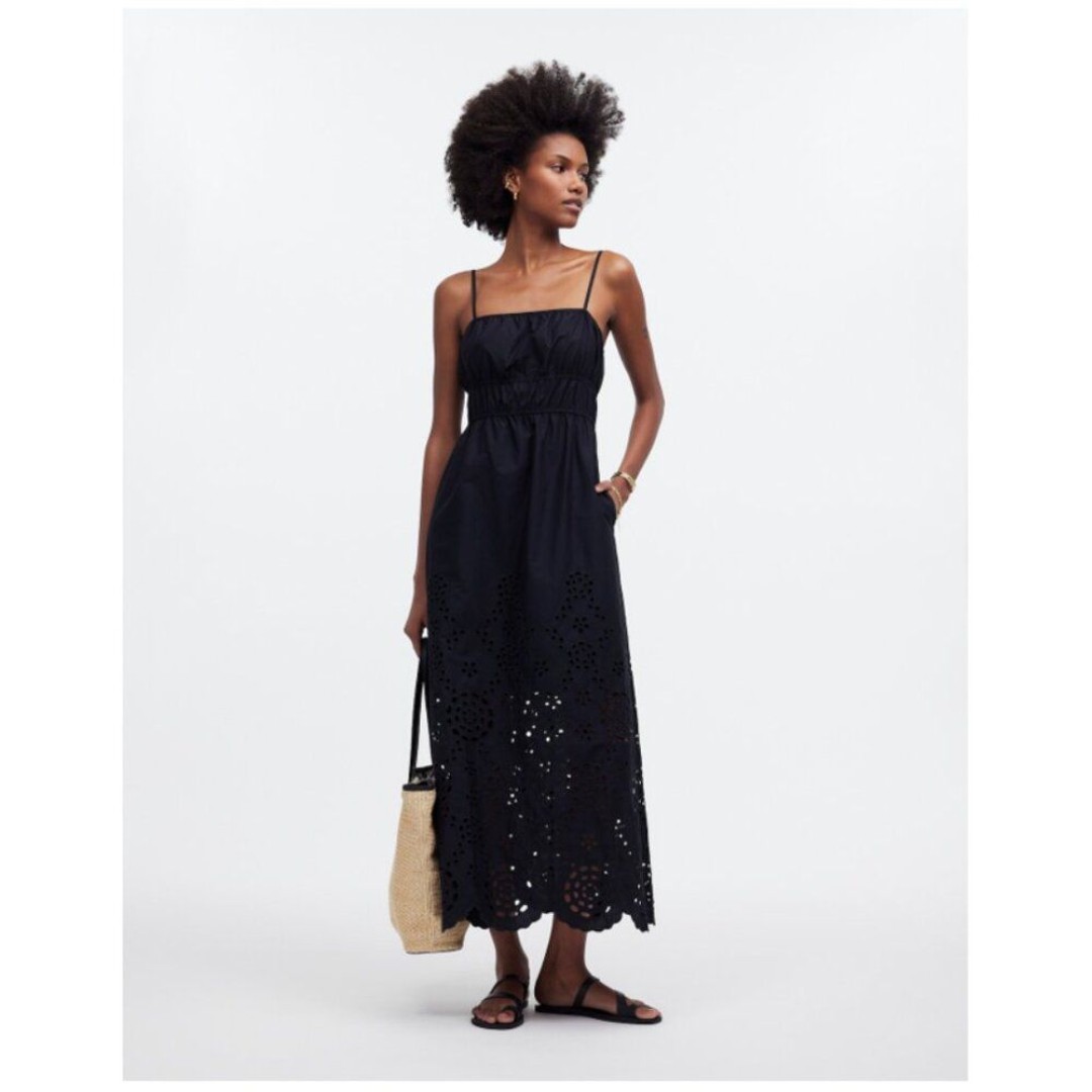 Madewell Embroidered Tank Midi Dress Poplin Black Size 4/S NWT