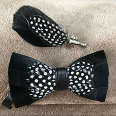 Black White Spot Luxury Leather Feather Bow Tie Lapel Pin Set Italy Formal Tux