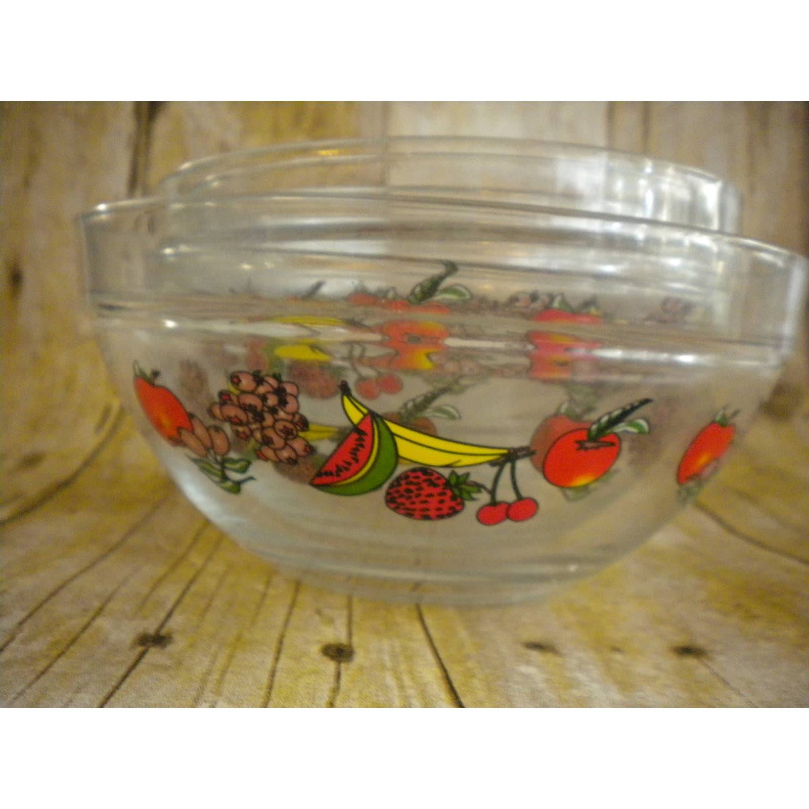 Vtg Stacking Bowls Set of 6 Apples Bananas Strawberry Cherry Blueberry Oranges
