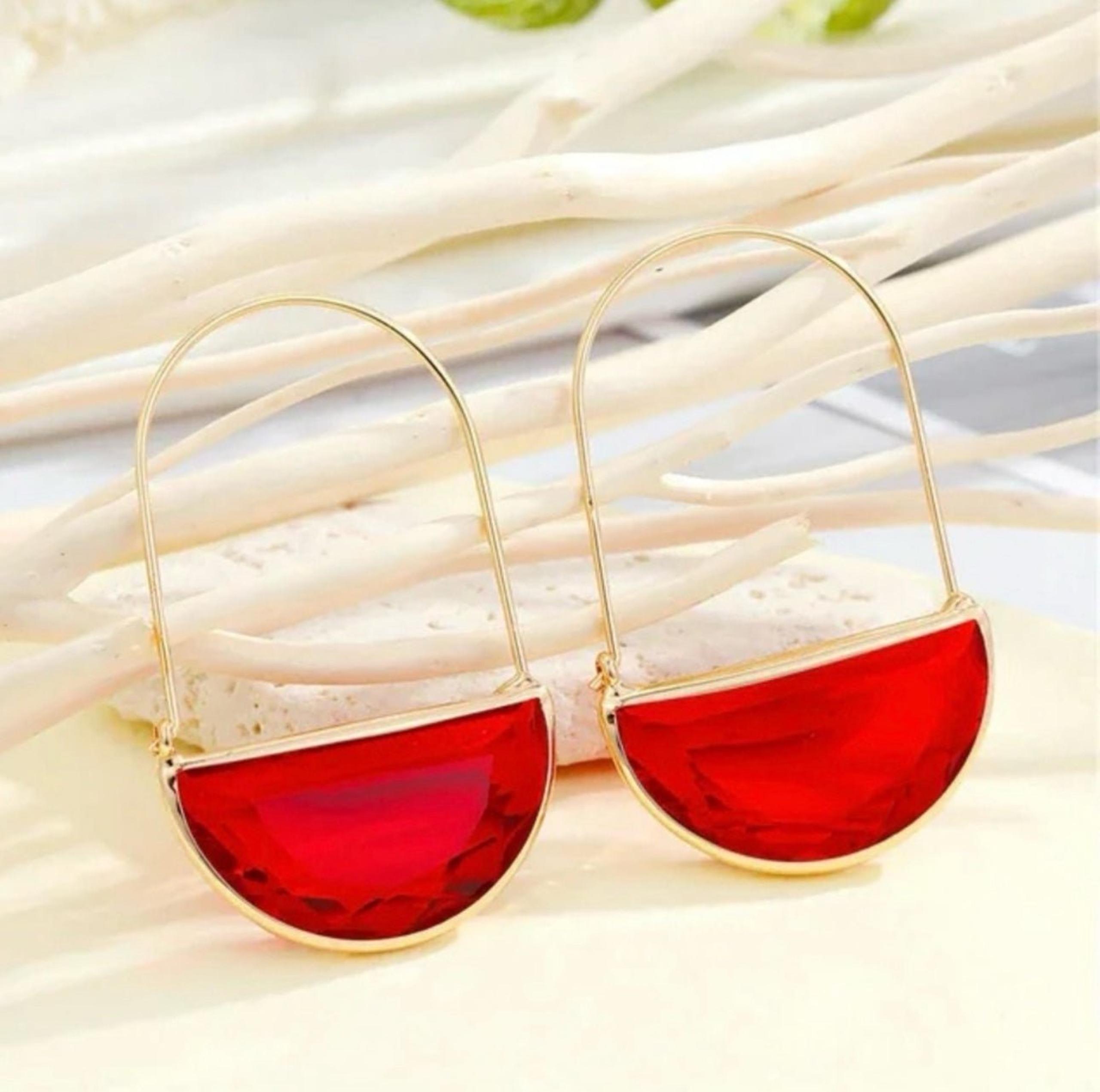 Anthropologie Ruby Red Faceted Crescent Moon Wire Threader Upscale Hoop Earrings