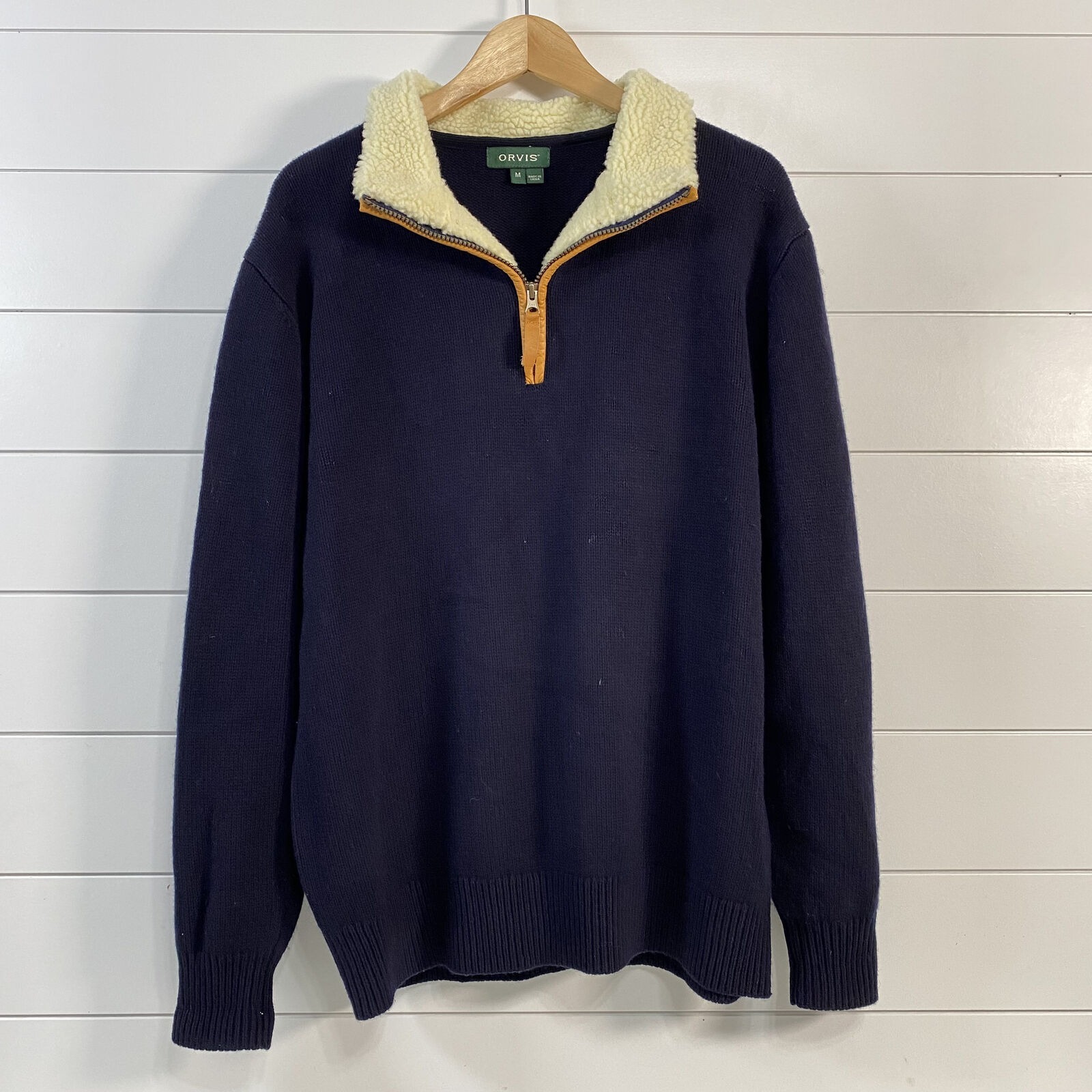 Orvis Mens 100% Lamsbwool w 100% Leather Trim Sherpa 1/4 Zip Sweater sz M Blue