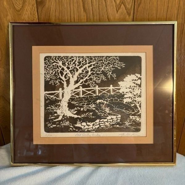 #31/150 Al Kaufman “Old Country Bridge”crafted Intaglio print American Japanese