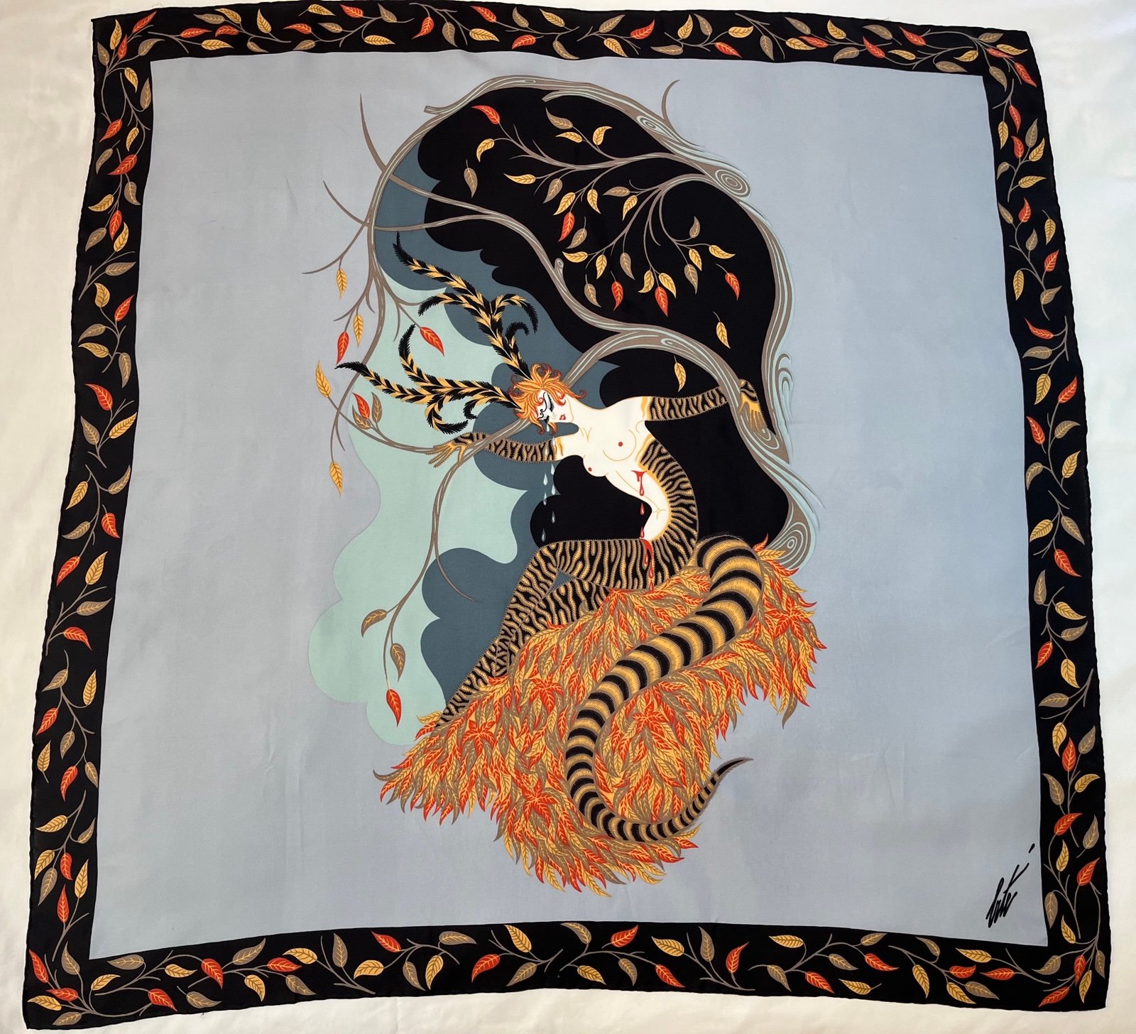 Vintage Erte silk scarf Art Deco “ Tiger Lily “ signed hand rolled 34x34
