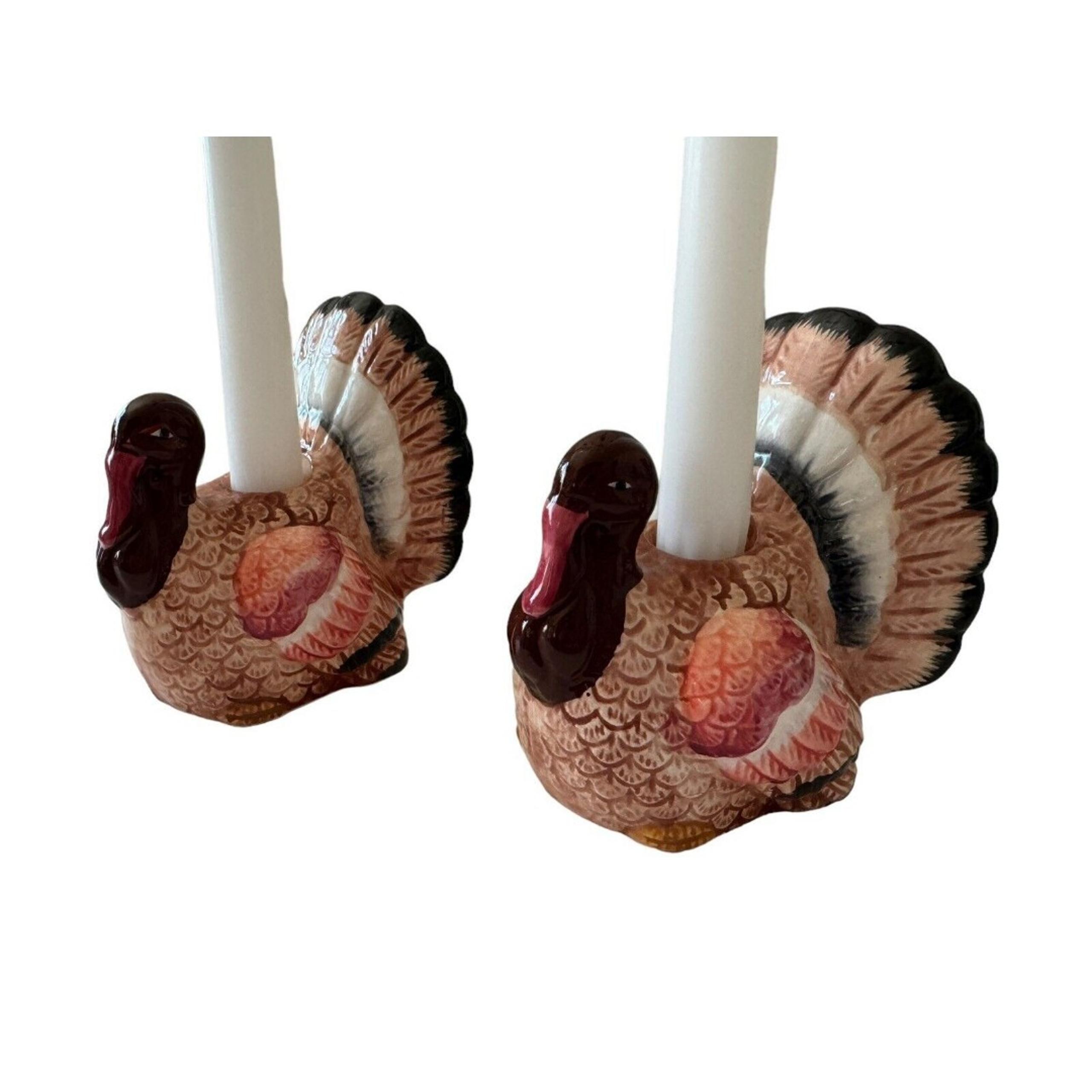Retro Vintage Thanksgiving Glazed Taper Candle Holder Set Made in Japan MCM EUC