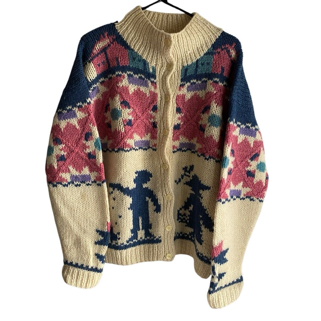 Vtg Woolrich Sweater Womens Medium Wool Boy Girl Heart Chicken Cardigan Cottage