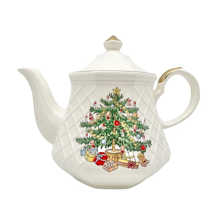 Christmas Tea Pot 6 inch Cream Gold Trim Tree Presents (small chip) #5237-SHG