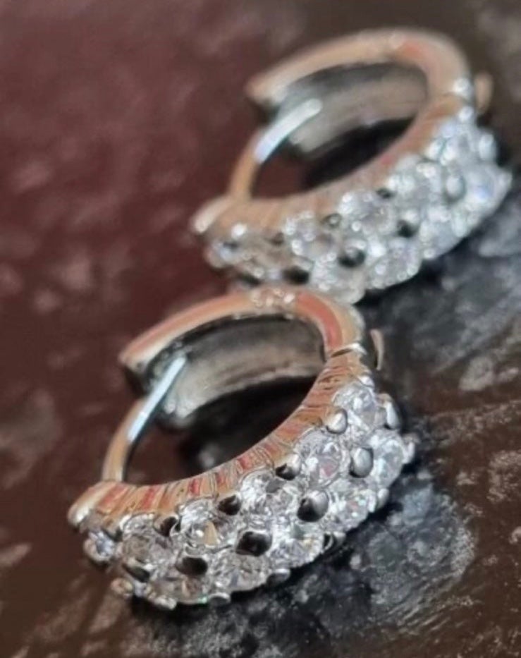 1/2” 925 Sterling Silver, 2 Rows of 12 Real White Diamond Huggie Hoops