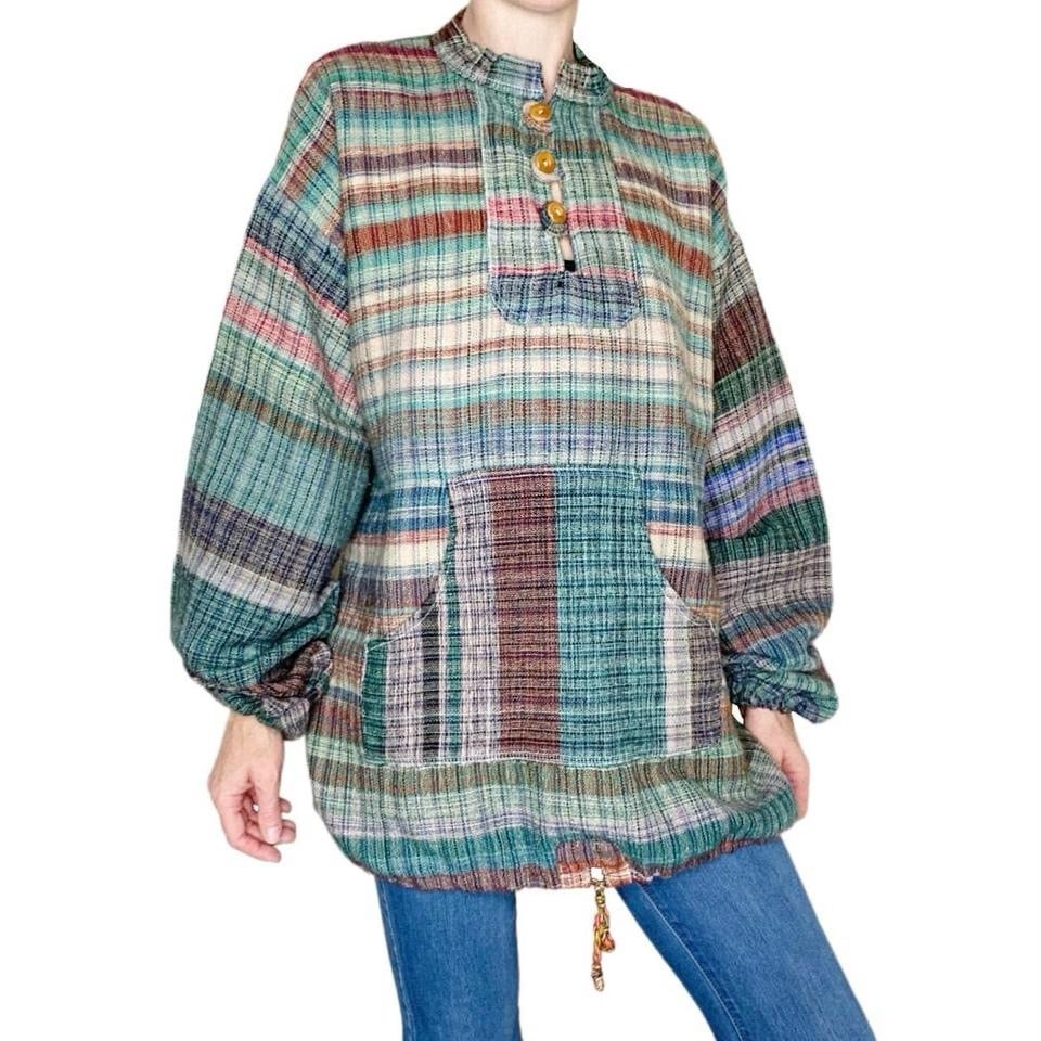 Men’s Unisex Colorful Plaid Patchwork Wooden Detail Hippie Sweater
