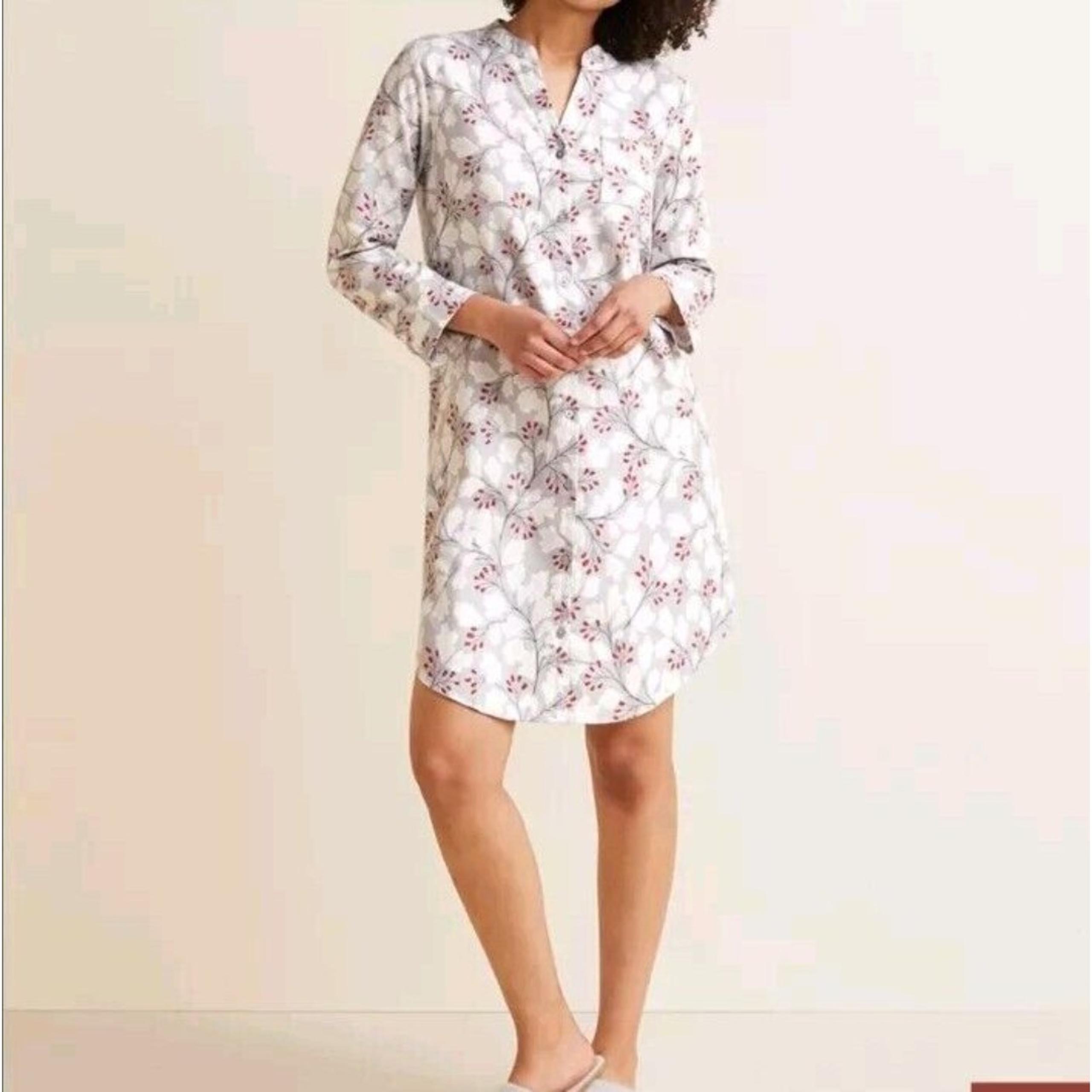 Garnet Hill Nightgown Silver Berries Winter Flannel Button Organic Sleep Shirt S