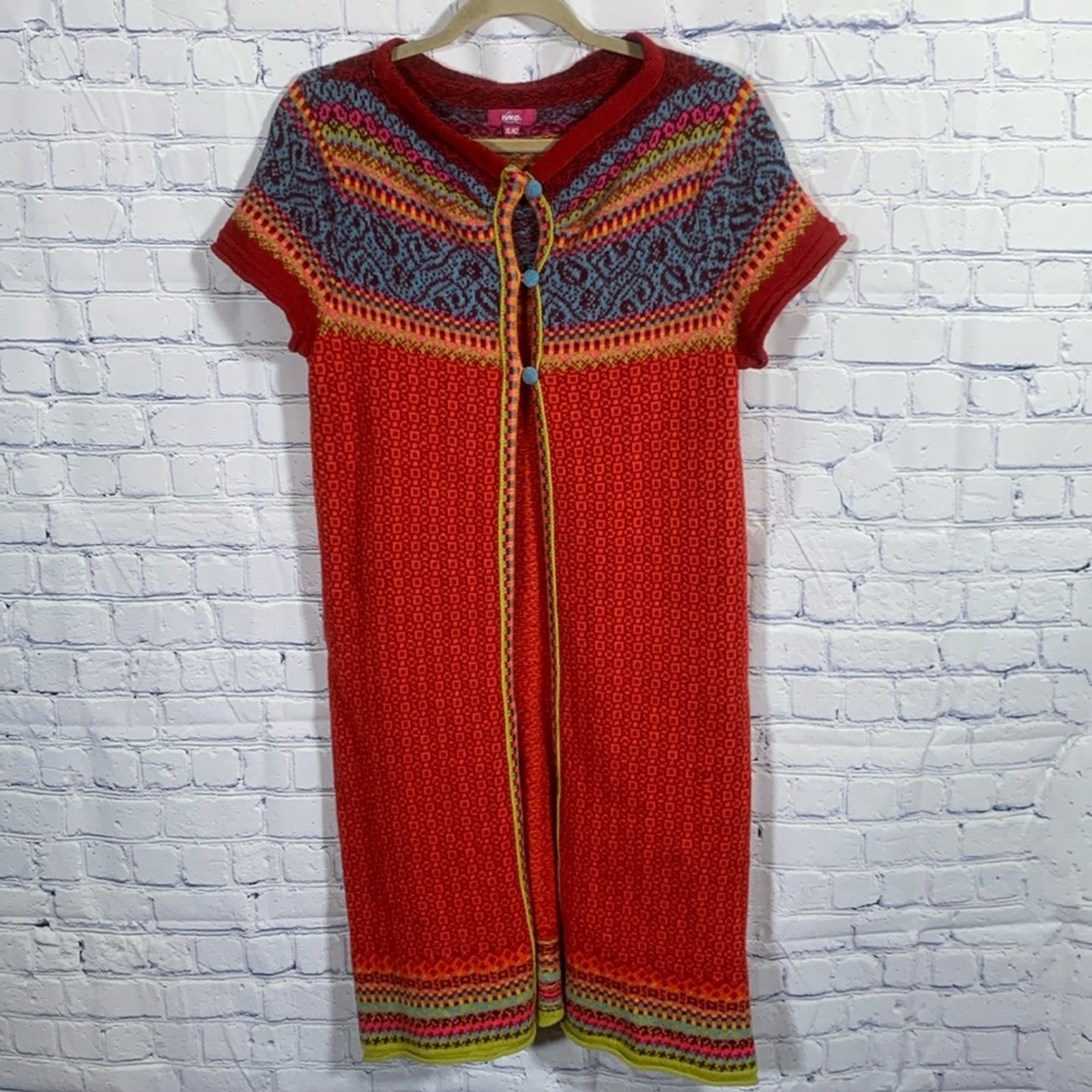 Ivko Etno Print Wool Sweater Dress Length Sweater Festival Coachella Boho Red XL