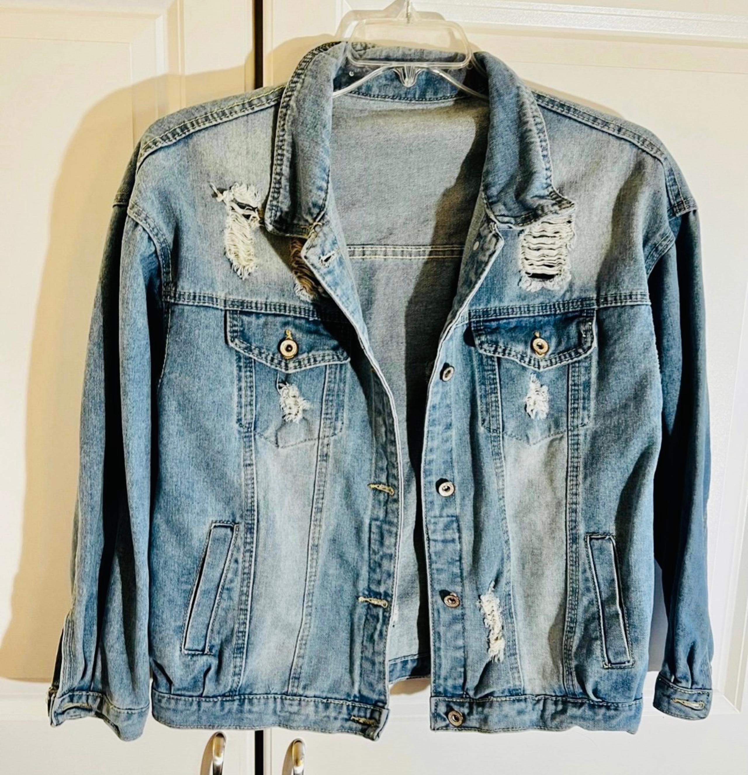 Jean Jacket shein Distressed  Ripped Drop Shoulder  Denim Jacket  Size Medium