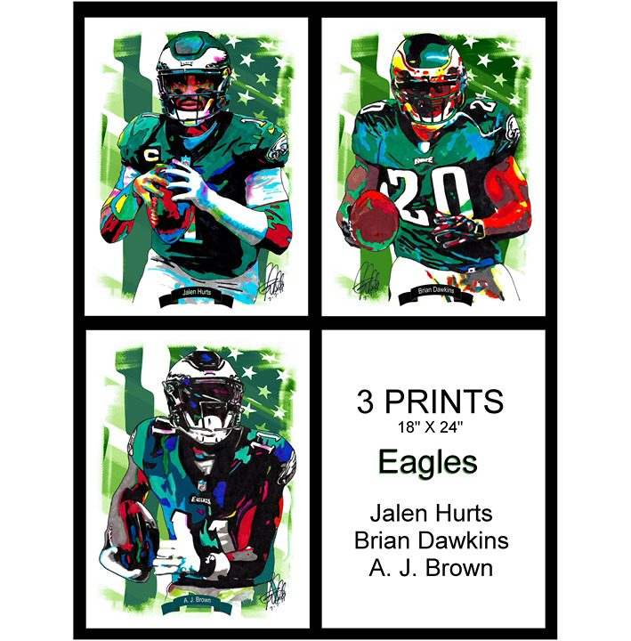 3 Prints Eagles Jalen Hurts Brian Dawkins AJ Brown Football Wall Art 18x24