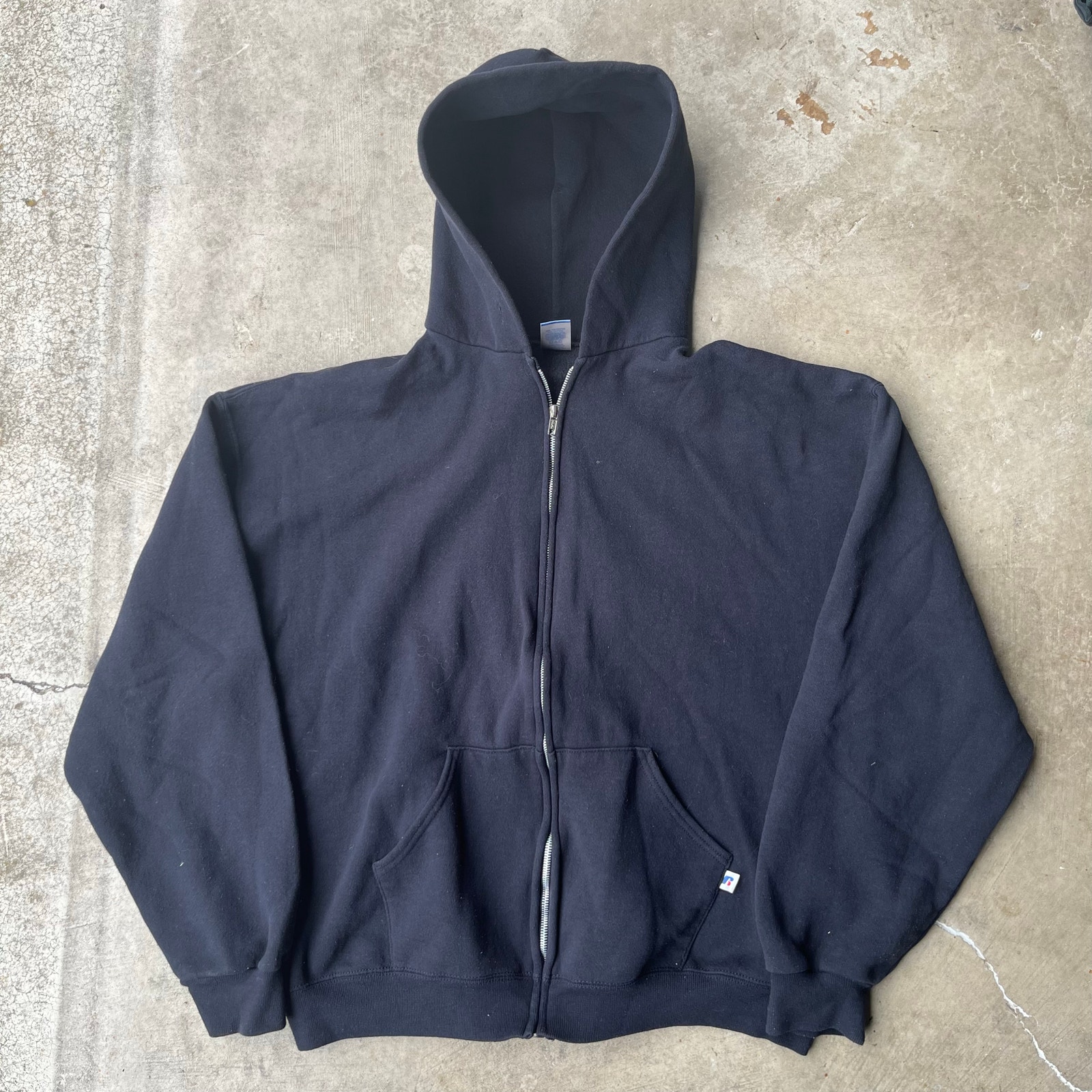 VINTAGE RUSSELL ATHLETIC HOODIE ZIP SWEATSHIRT LARGE BLACK BLANK 00S MENS BOXY