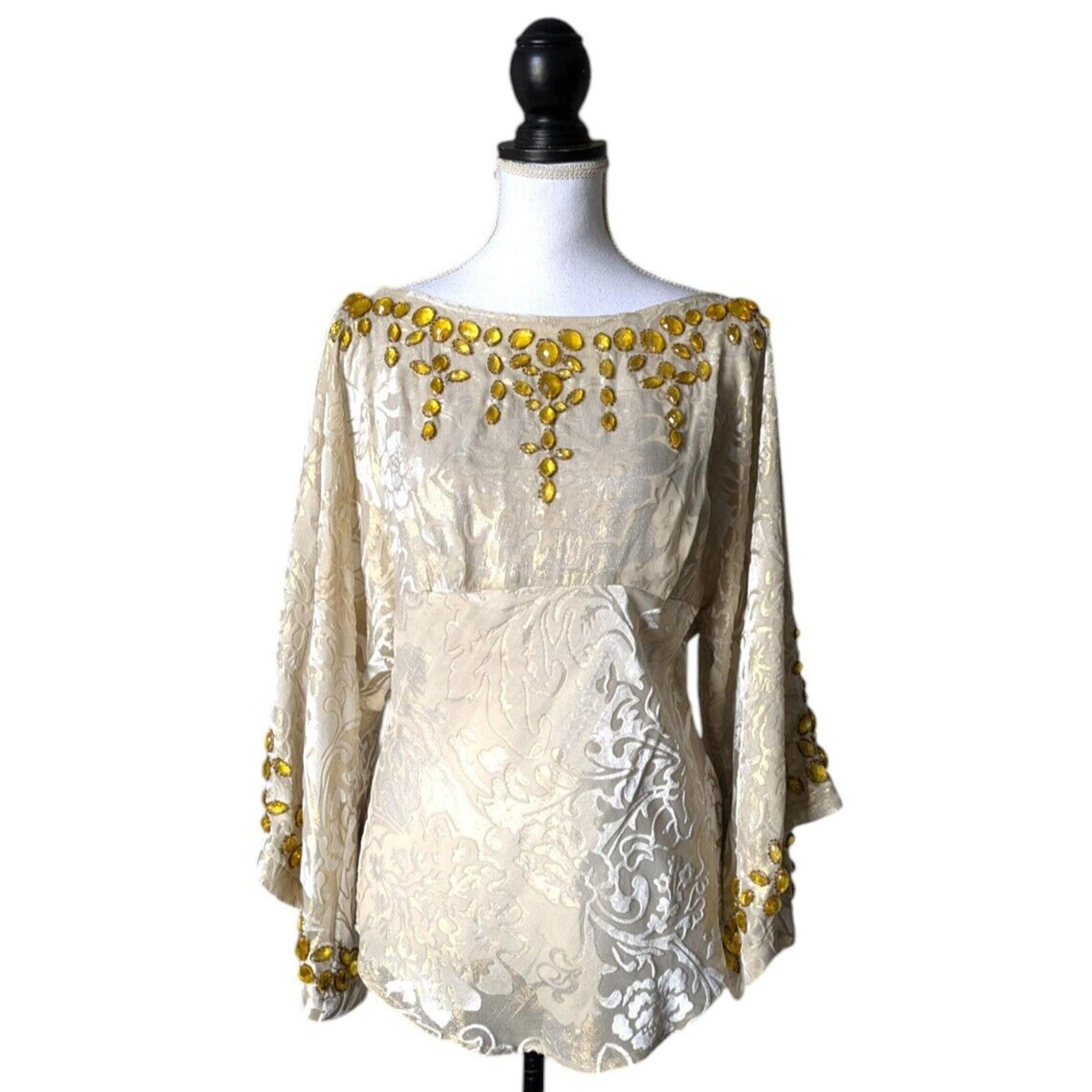 Vintage Cache Gold Silk Blend Velvet Beaded Metallic Kimono Sleeve Top L Fairy