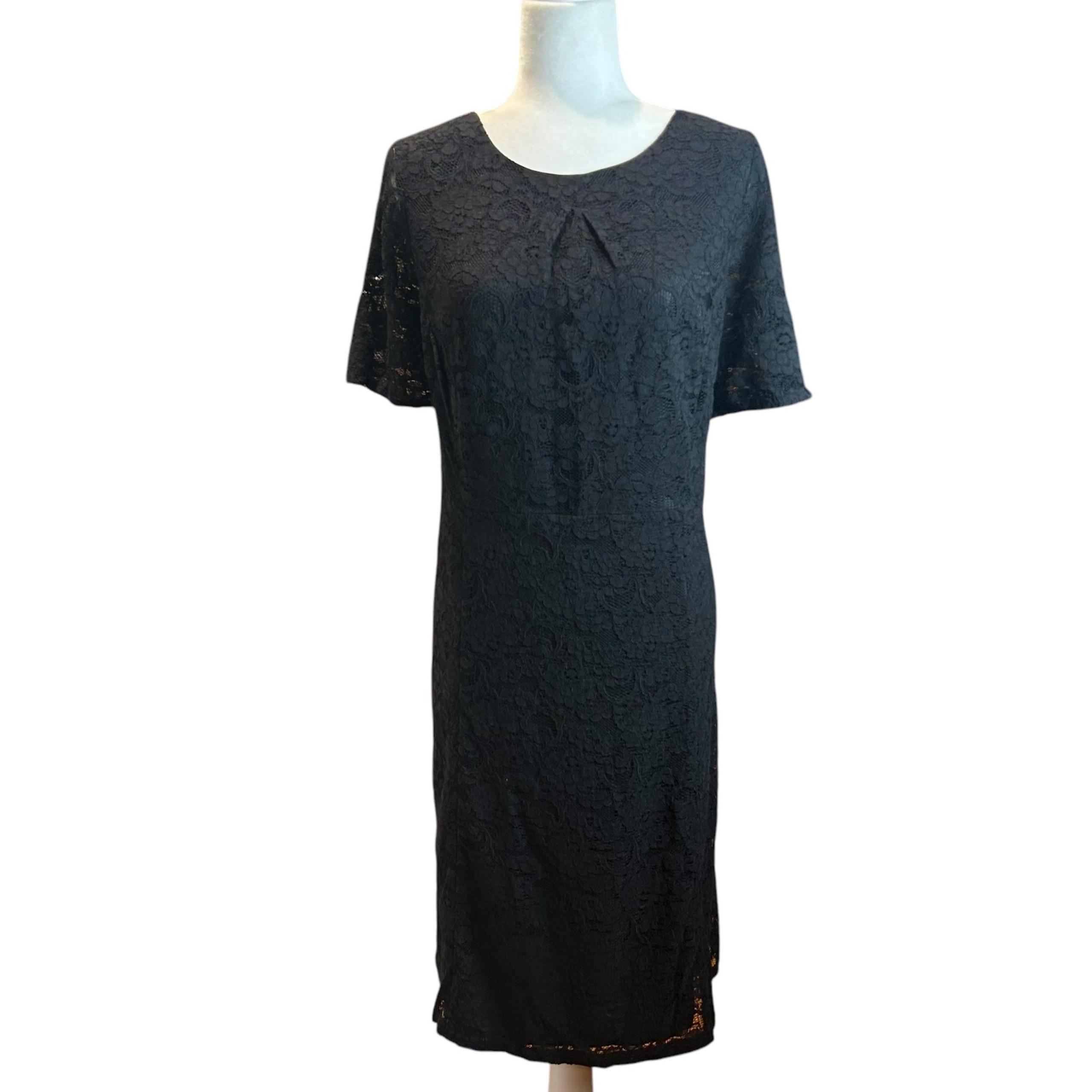 Talbots Woman Black Lace Dress Lined Short Sleeve Sheath Midi Party Size 14W