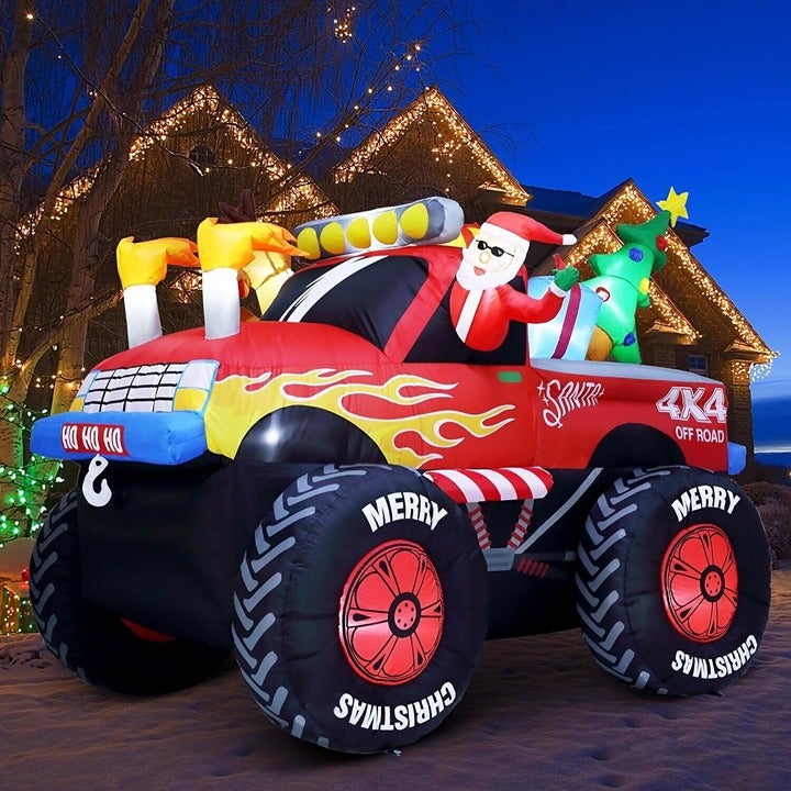 Christmas Santa Monster Truck Inflatable Outdoor Decorations BlowUp Lawn LED Yar