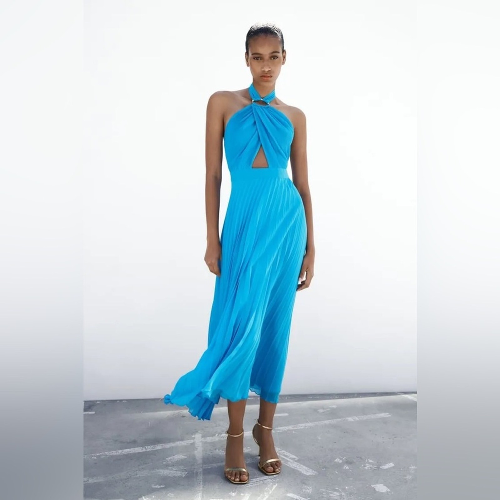 ZARA PLEATED CAMISOLE HALTER DRESS BLUISH SIZE S