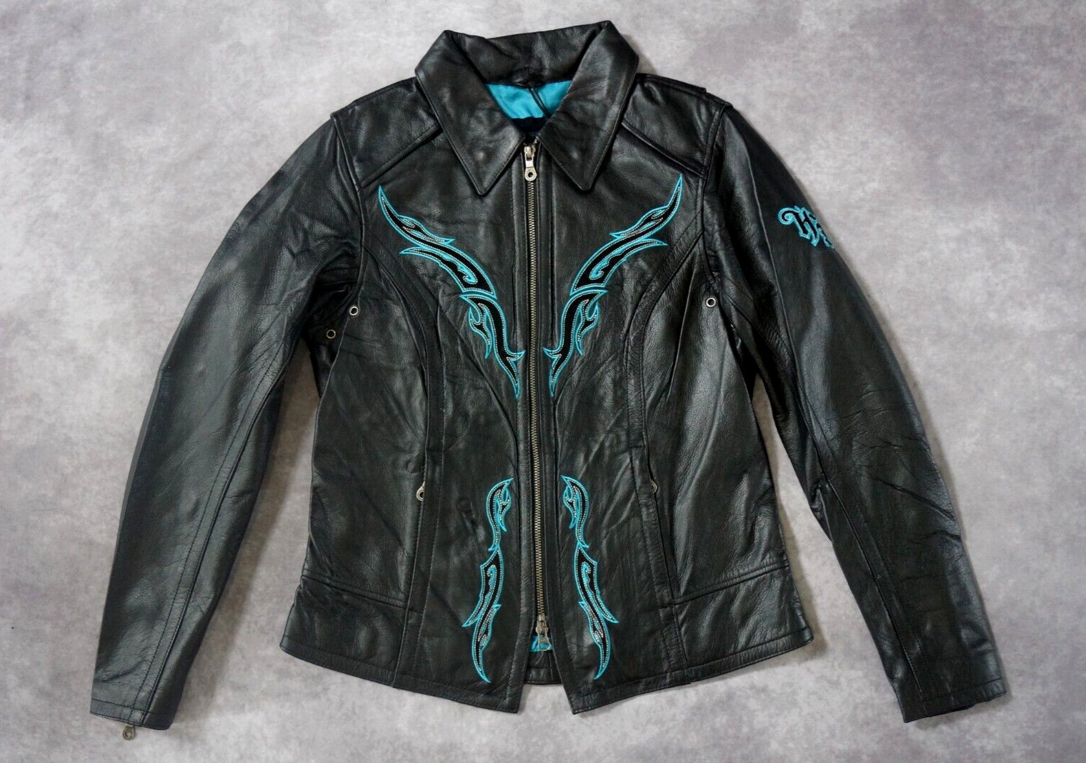 Harley Davidson Womens Sahara Black Leather Jacket Turquoise Blue 97083-12VW S