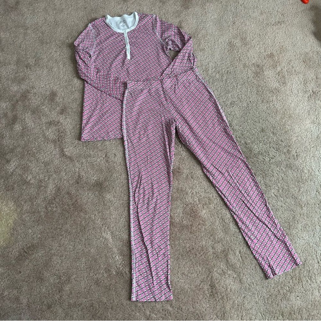 Rare Roller Rabbit X Bloomies Pink Skull Doodle Pajama Set Henley Top and Pants