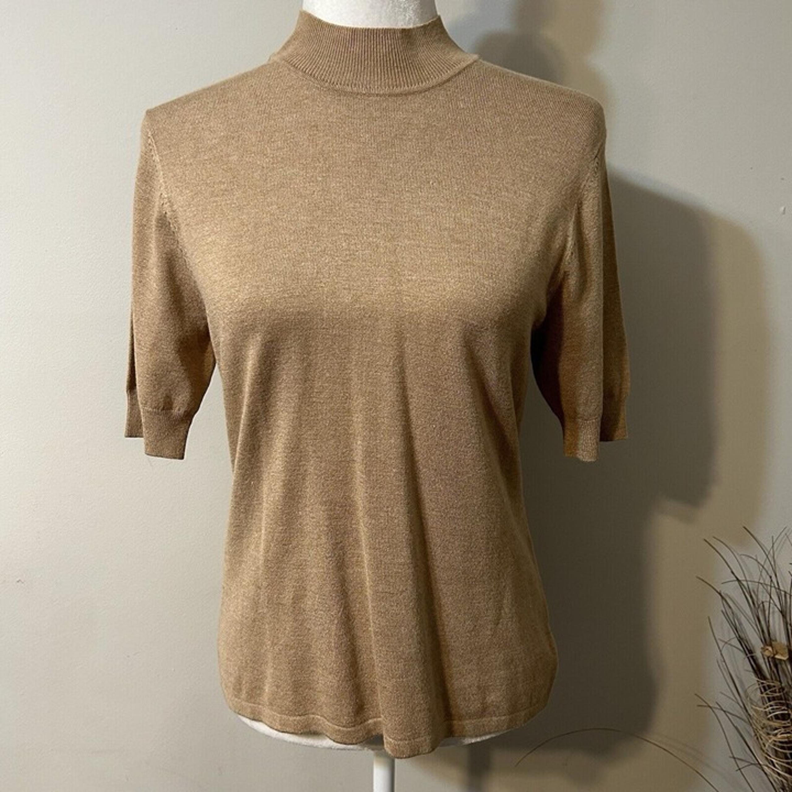 Coldwater Creek Mock Neck Short Sleeve Knit Sweater Sz S / 8 Tan Viscose/Nylon