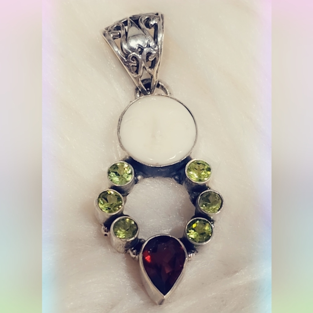 Peridot, Garnet, Carved Shell Multi Stone Sterling Silver Pendant