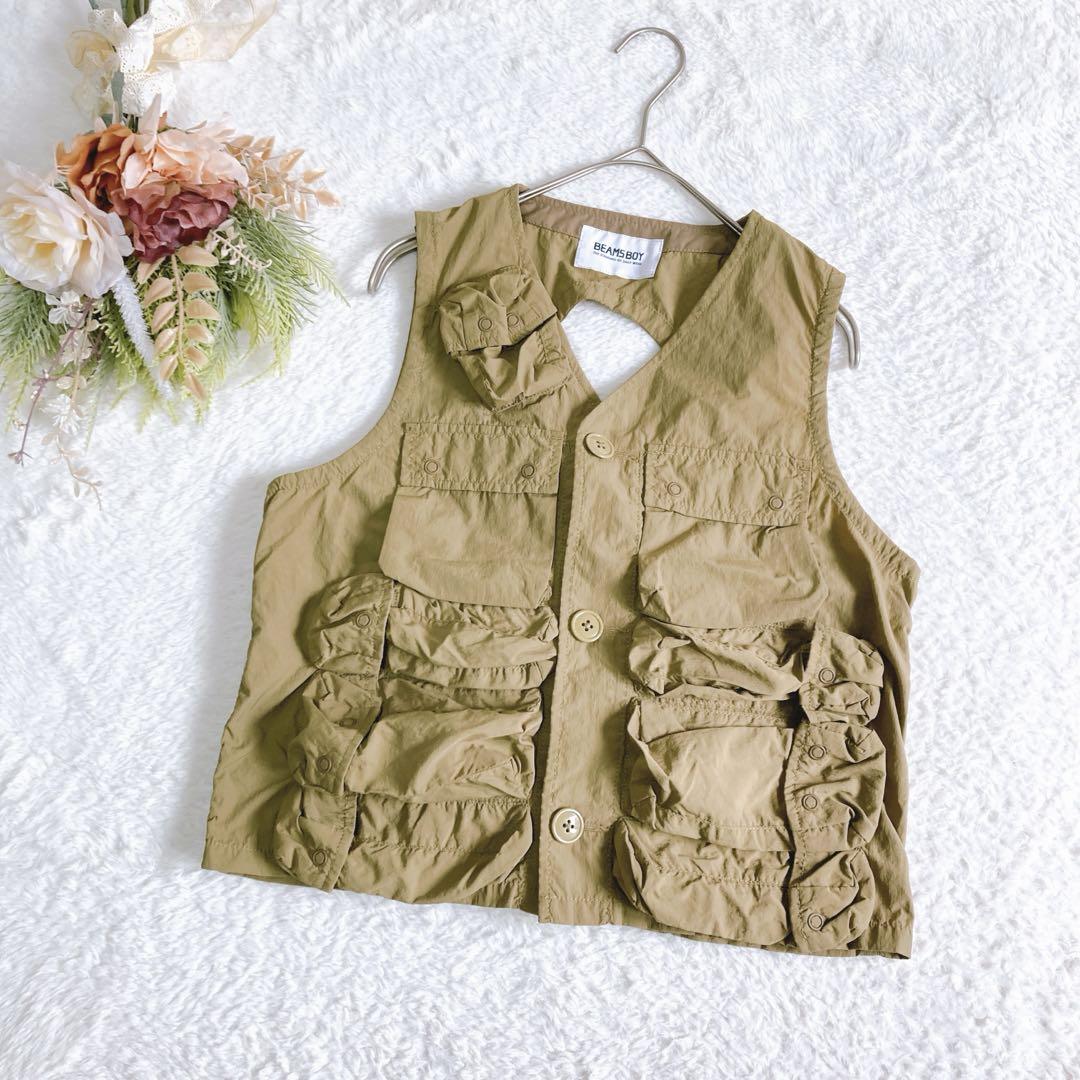 BEAMS BOY Nylon C-1 Vest, Military Style, Back Ribbon, Beige