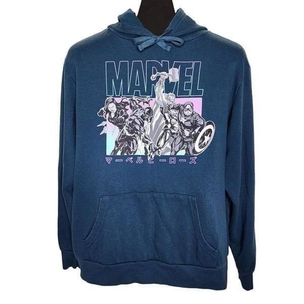 Marvel Hooded Sweatshirt Mens Size L Blue Hoodie Graphic Kangaroo Pocket