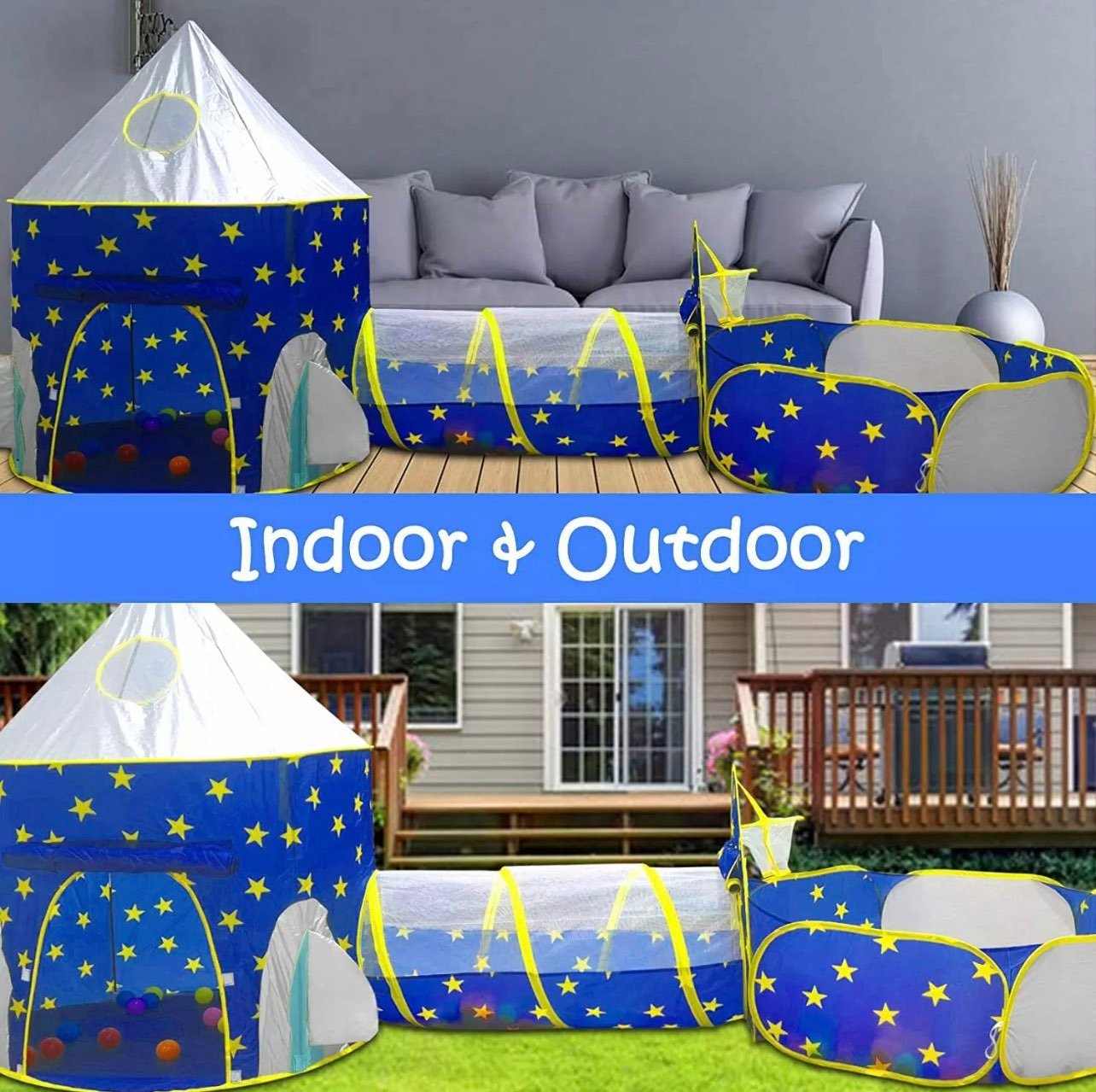 NEW 3pc Pop Up Rocket Play Tent Tunnel&Ball Pit