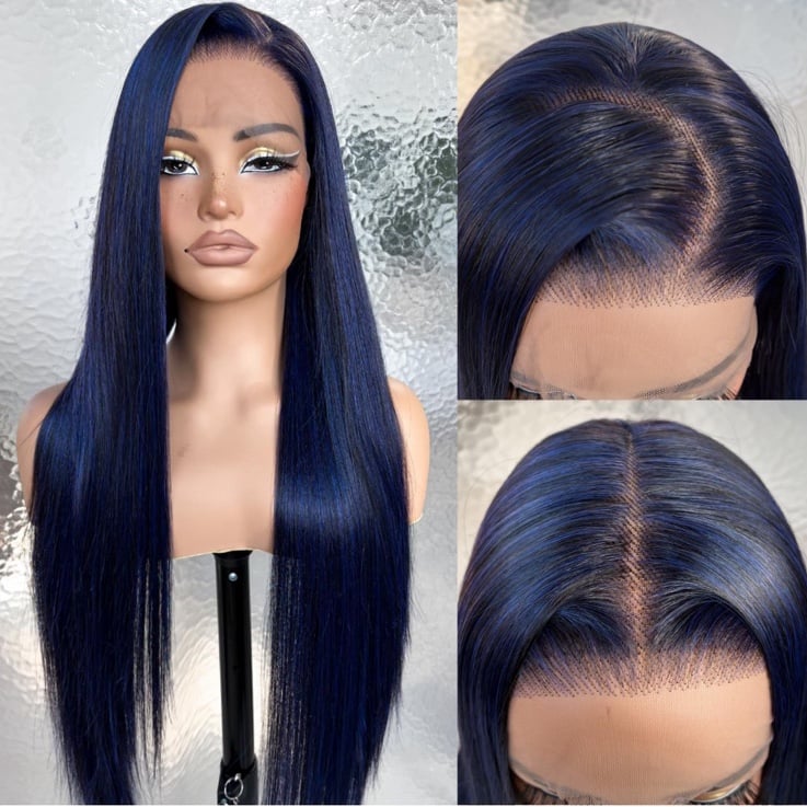 24” BLUE STRAIGHT HUMAN HAIR BLEND LACE FRONT WIG *NEW**