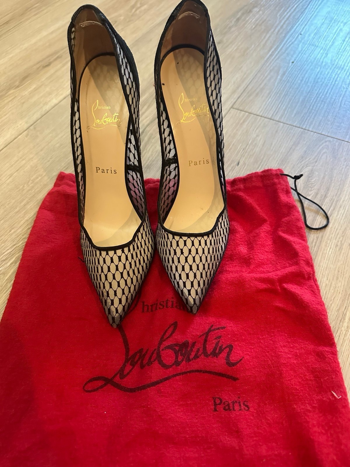 Christian Louboutin Follies Resille Black Mesh Pumps size 38 1/2